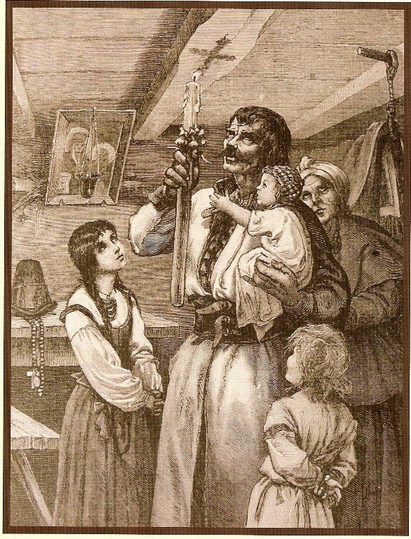 W chałupie stoi małżeństwo z trójką dzieci. Mężczyzna z dzieckiem na lewej ręce i świecą w prawej. Świecą wypala na belce stropowej znak krzyża. Reszta się przygląda.
